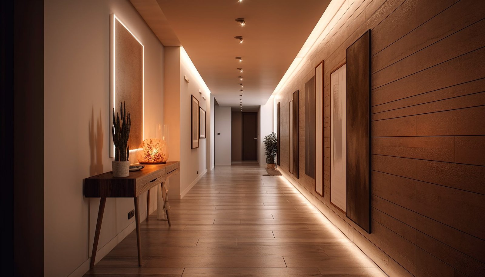 Hall contemporâneo com painéis de madeira, iluminação embutida e marcenaria sob medida